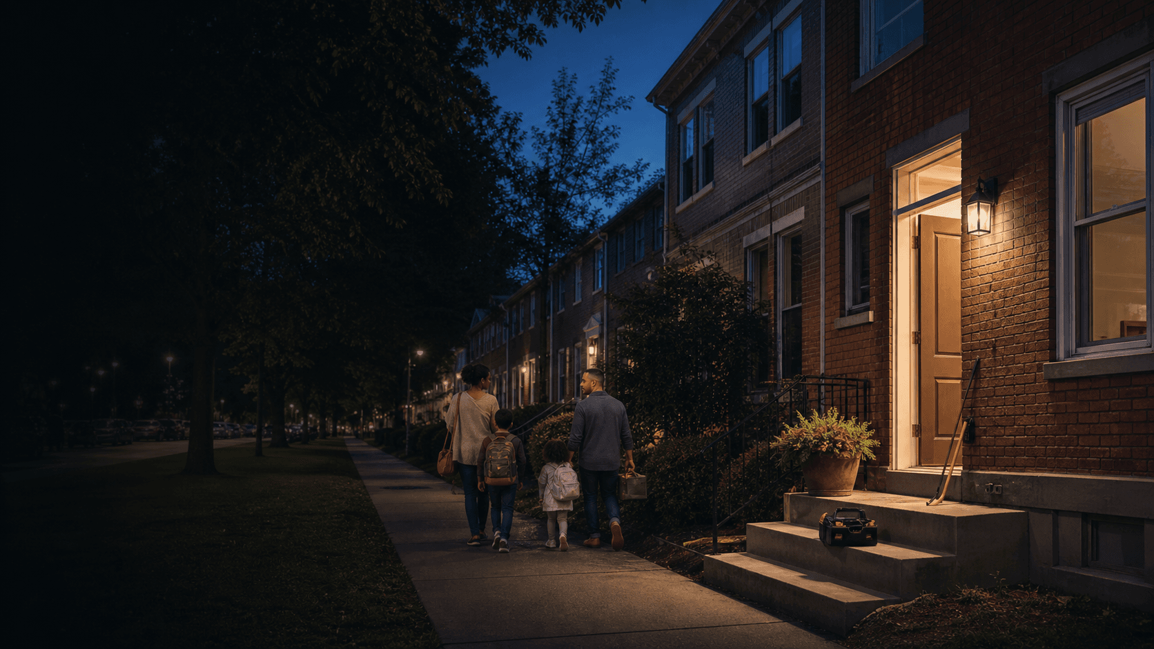 A family arriving at a warmly lit, carefully maintained home
