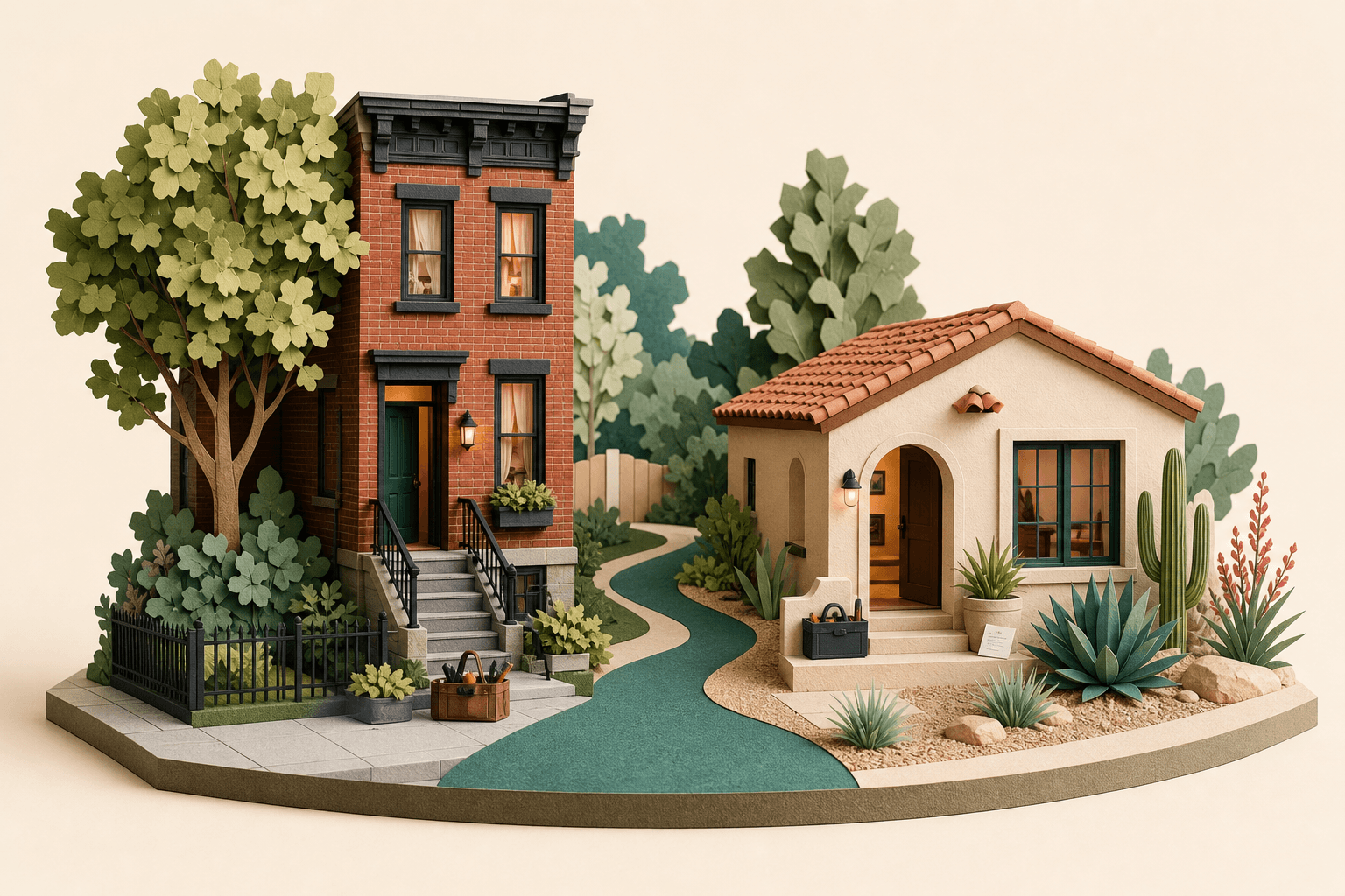 Illustrated Pennsylvania and Arizona homes connected by a green path